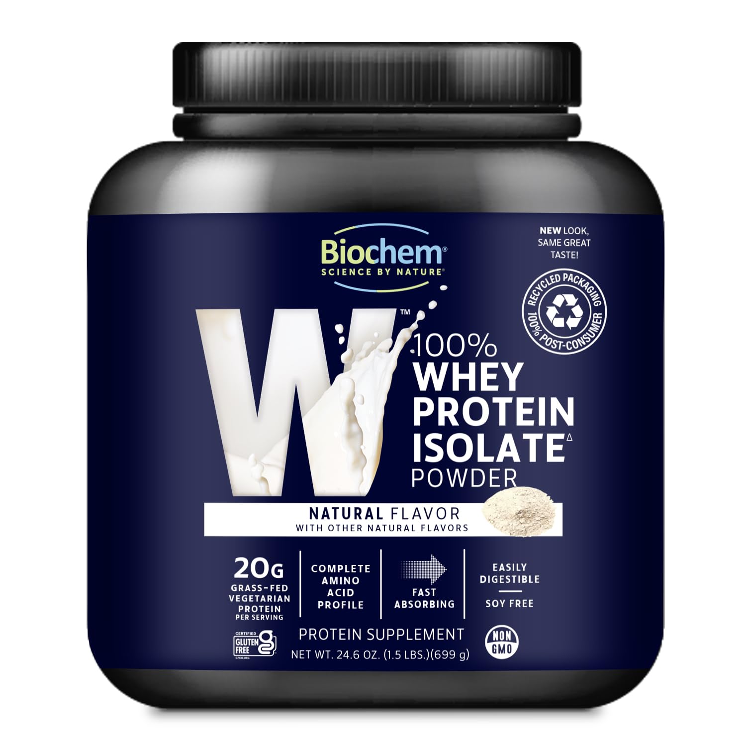 Biochem whey protein powder label close-up showing gluten-free and vegetarian claim