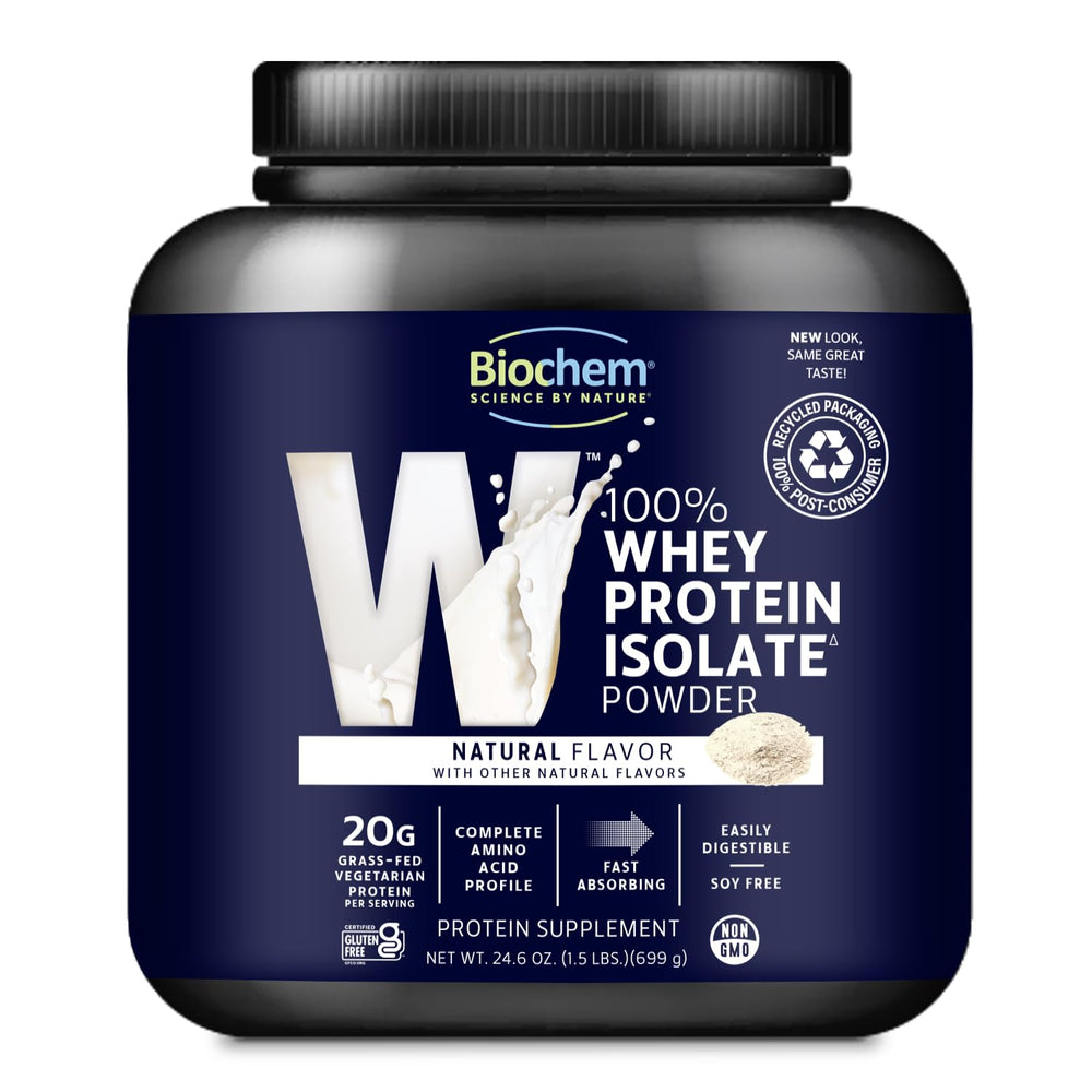 Biochem whey protein powder label close-up showing gluten-free and vegetarian claim