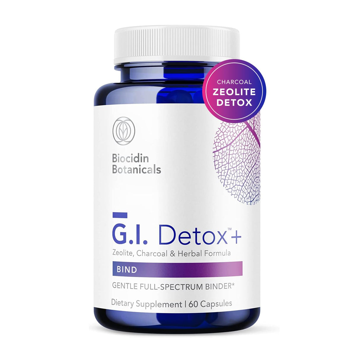 Bio-Botanical Research Biocidin G.I. Detox+ bottle on desk suggesting toxin binding support and gentle detox potential.