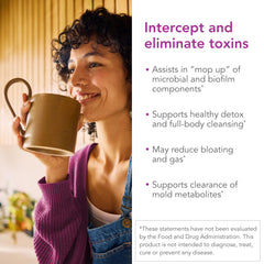 Biocidin G.I. Detox+ capsules in hand showing convenient broad-spectrum binding for toxin clearance.