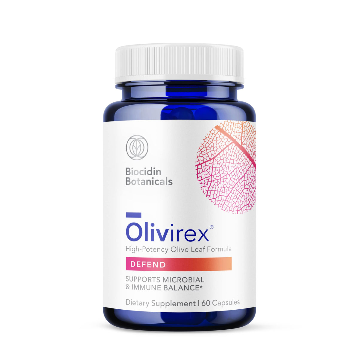 Biocidin Olivirex bottle front highlights high-potency olive leaf extract for immune support