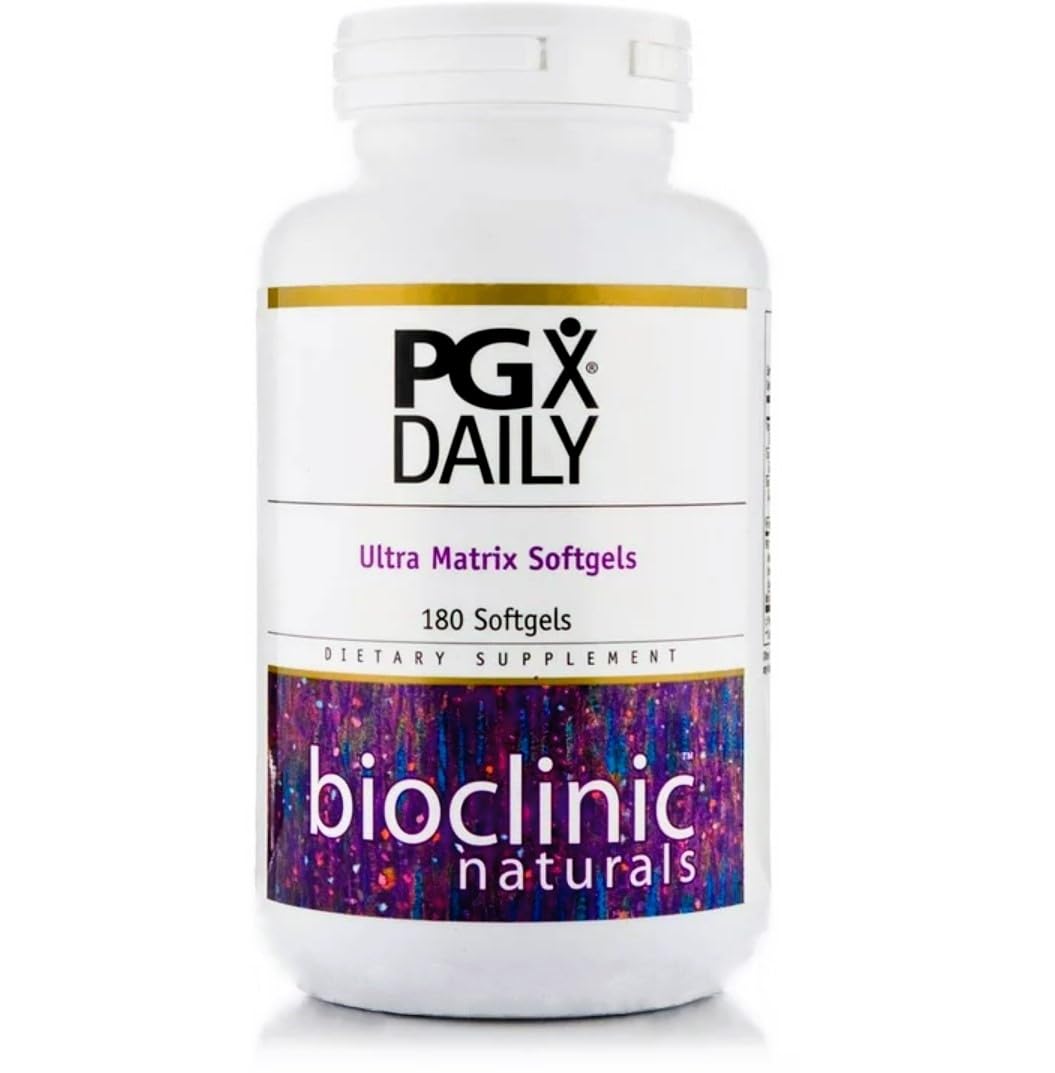 Bioclinic Naturals PGX Daily Ultra Matrix Softgel 180 gels closeup for easy daily use.
