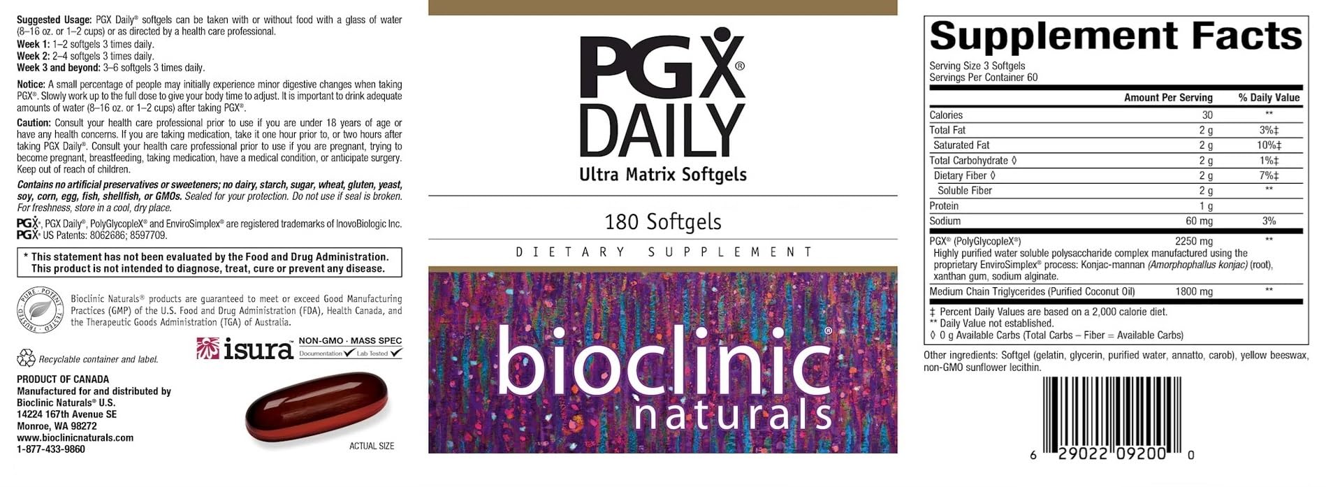 Bioclinic Naturals PGX Daily Ultra Matrix Softgel bottle pour demonstrates convenient dosing.