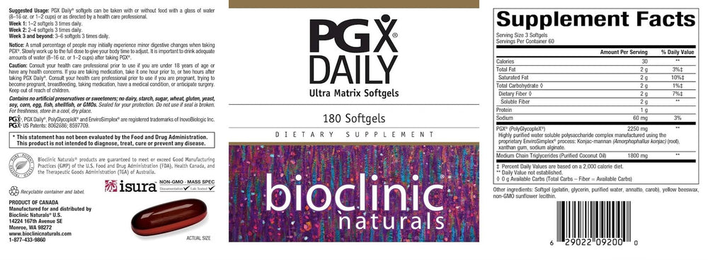 Bioclinic Naturals PGX Daily Ultra Matrix Softgel bottle pour demonstrates convenient dosing.