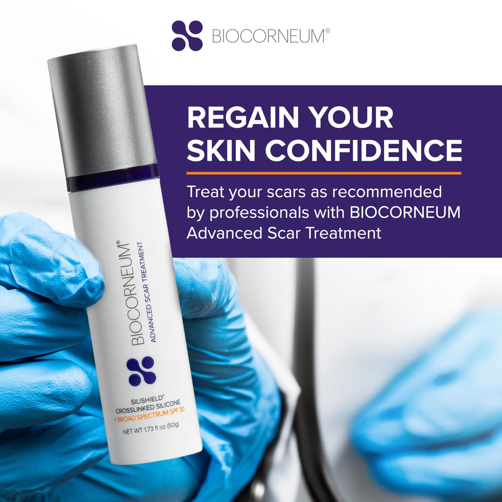 Biocorneum kid-friendly packaging image suits gentle scar treatment for children.
