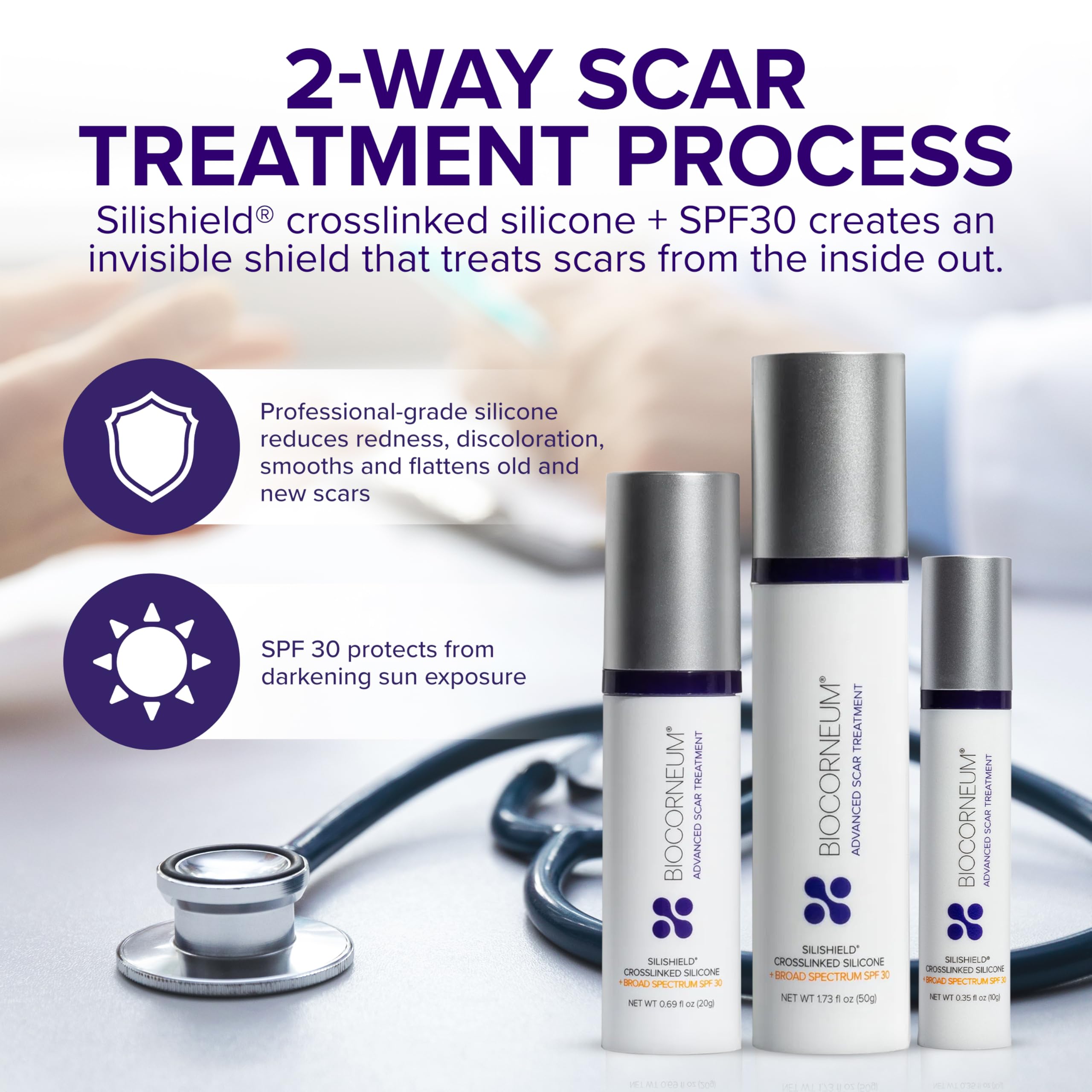 BIOCORNEUM Silishield gel application shown for even scar coverage