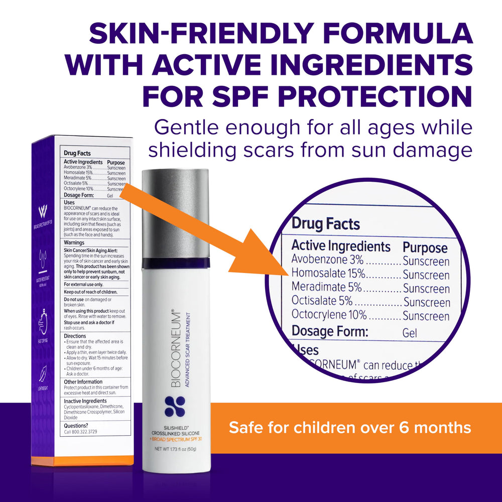Biocorneum textured skin close-up suggests gradual scar smoothing.