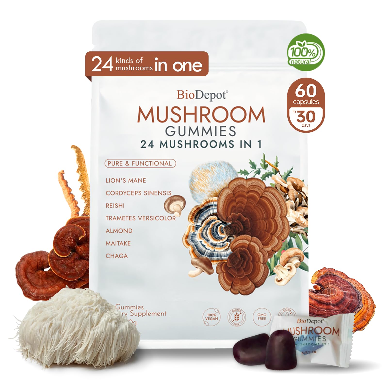 Biodepot 24in1 mushroom brain supplement bottle showing focus support