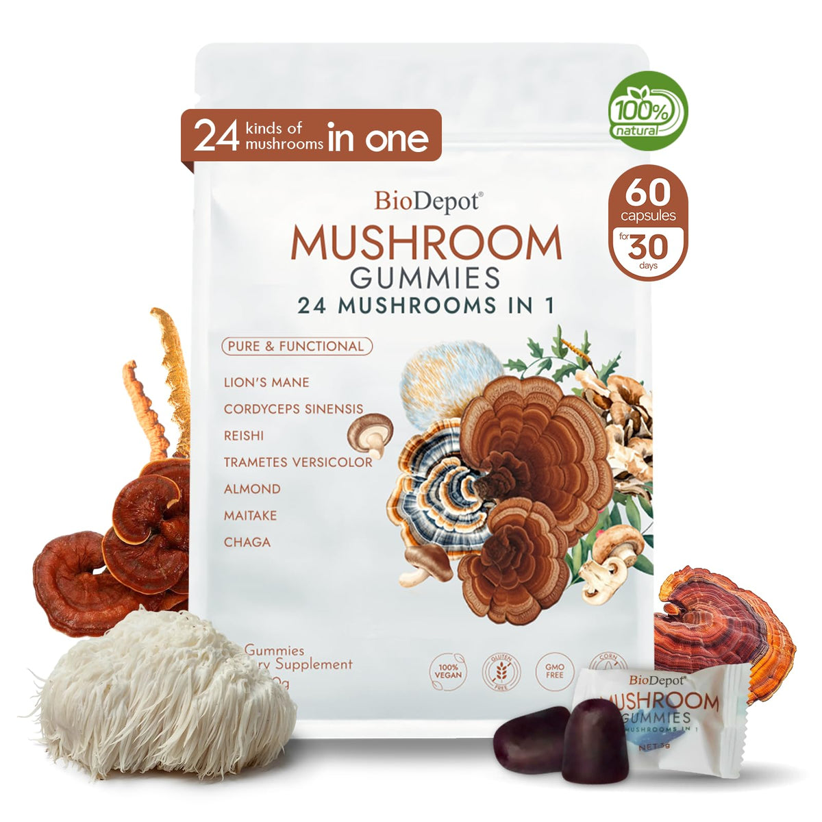 Biodepot 24in1 mushroom brain supplement bottle showing focus support