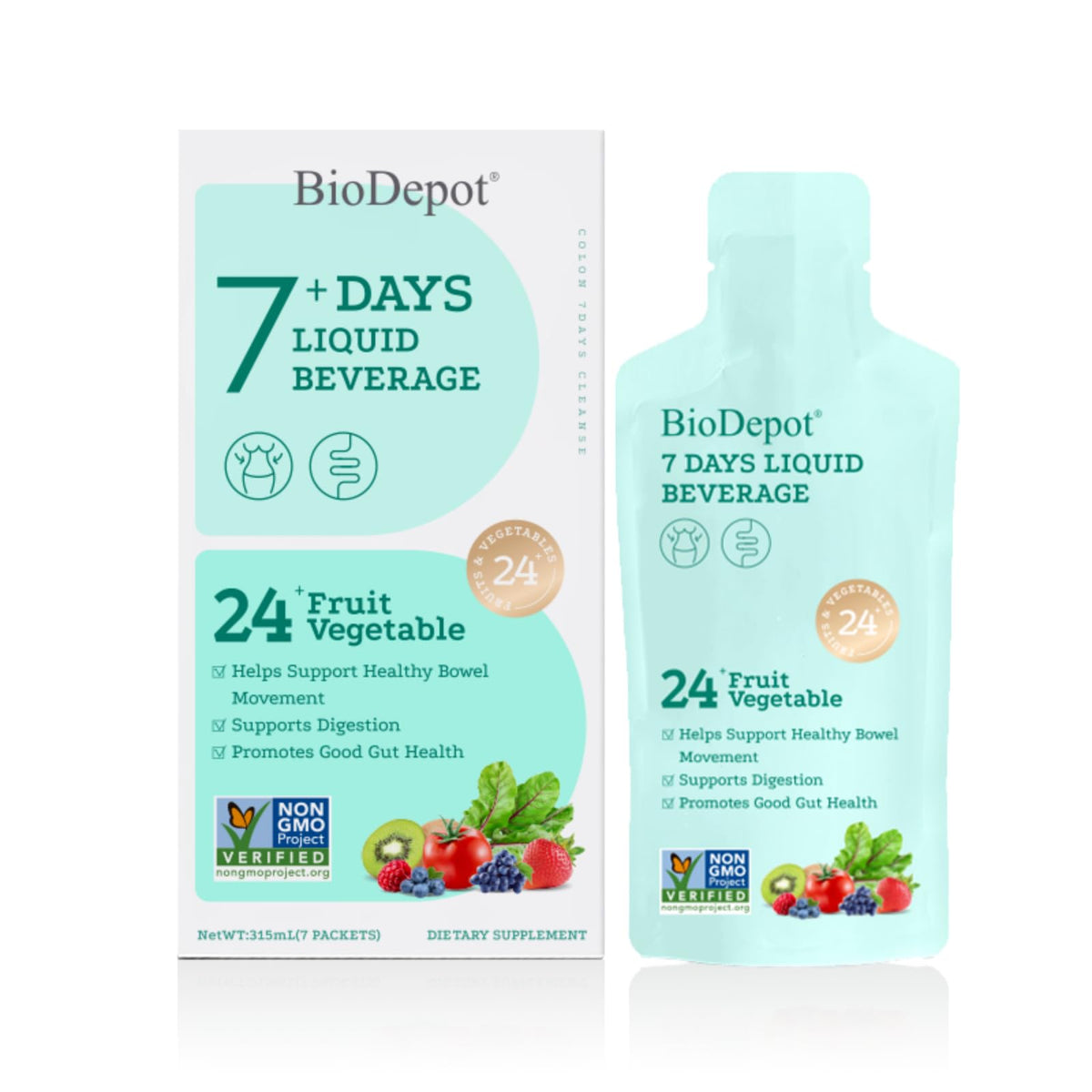 Biodepot 7 Day Clean liquid bottle showing fruit and vegetable blend for gut health.