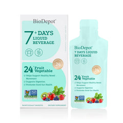 Biodepot 7 Day Clean liquid bottle showing fruit and vegetable blend for gut health.