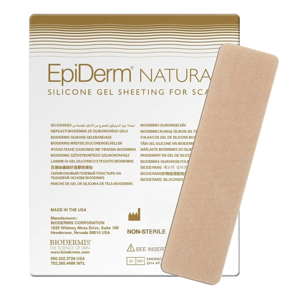 Biodermis Epiderm scar sheet packaging highlighting premium silicone for effective scar care.