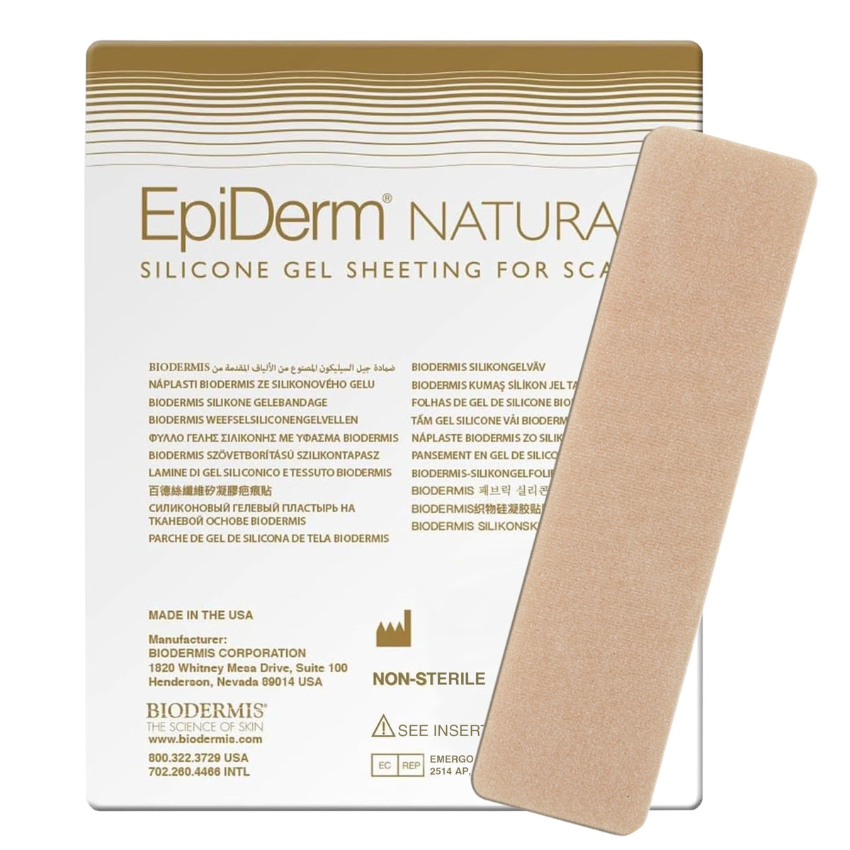 Biodermis Epiderm scar sheet packaging highlighting premium silicone for effective scar care.