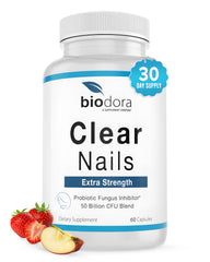 Biodora Clear Nails bottle front showing probiotic formula for healthier nails