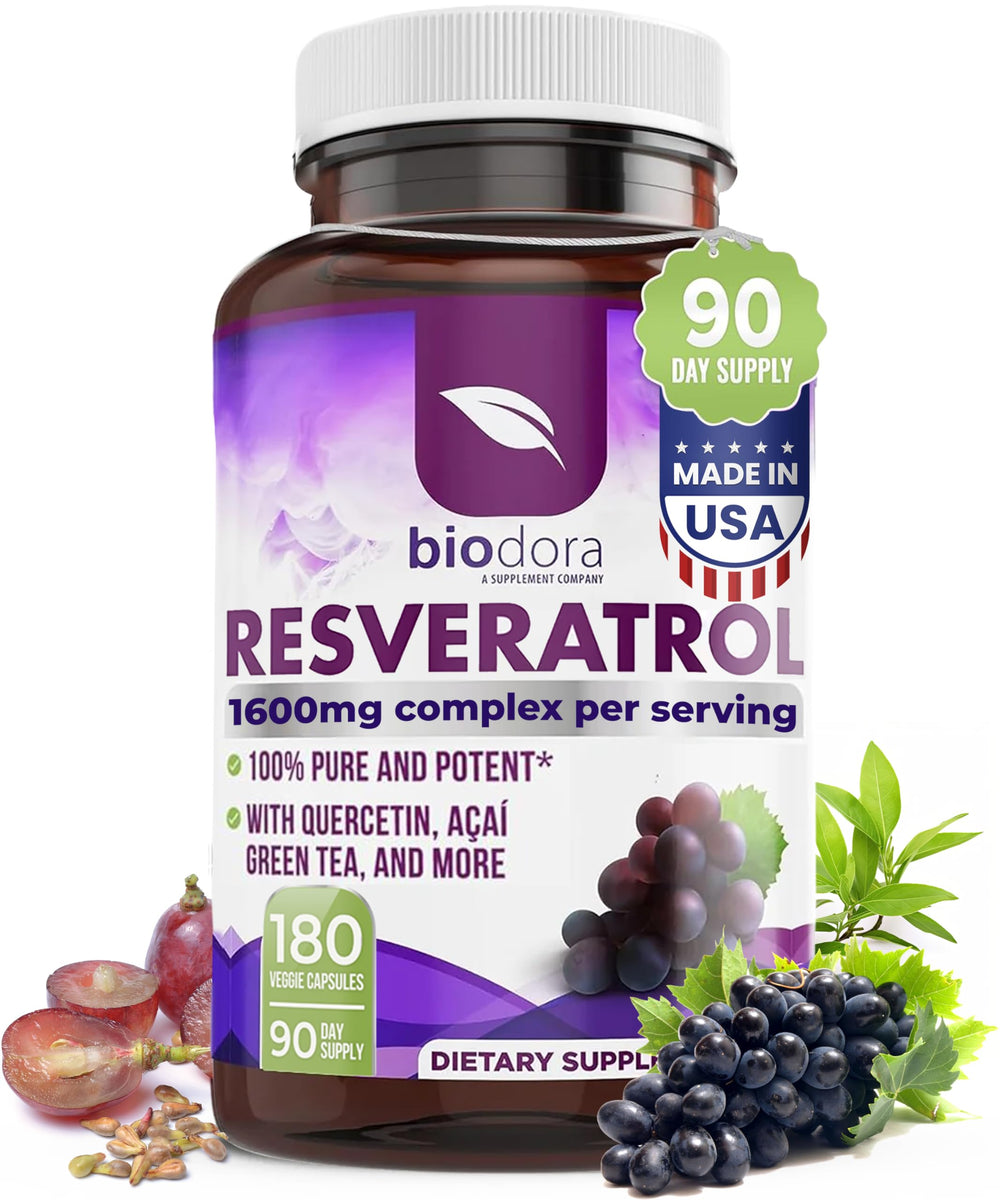 Biodora Resveratrol bottle with 180 capsules for daily antioxidant support.