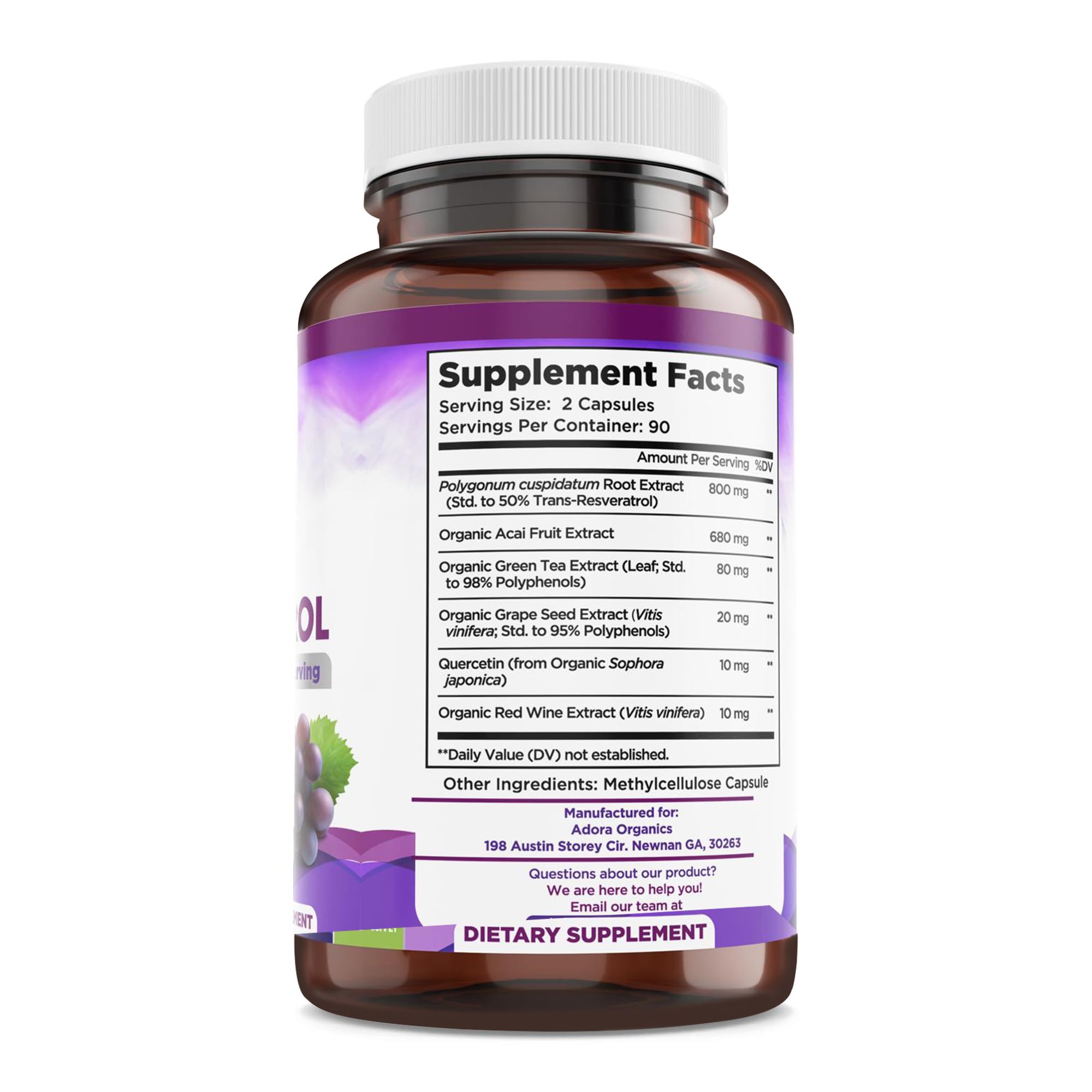 Close-up of Biodora Resveratrol capsules highlighting easy-to-swallow format.