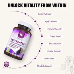 Biodora Resveratrol capsules featuring Quercetin flavonoids for daily vitality.