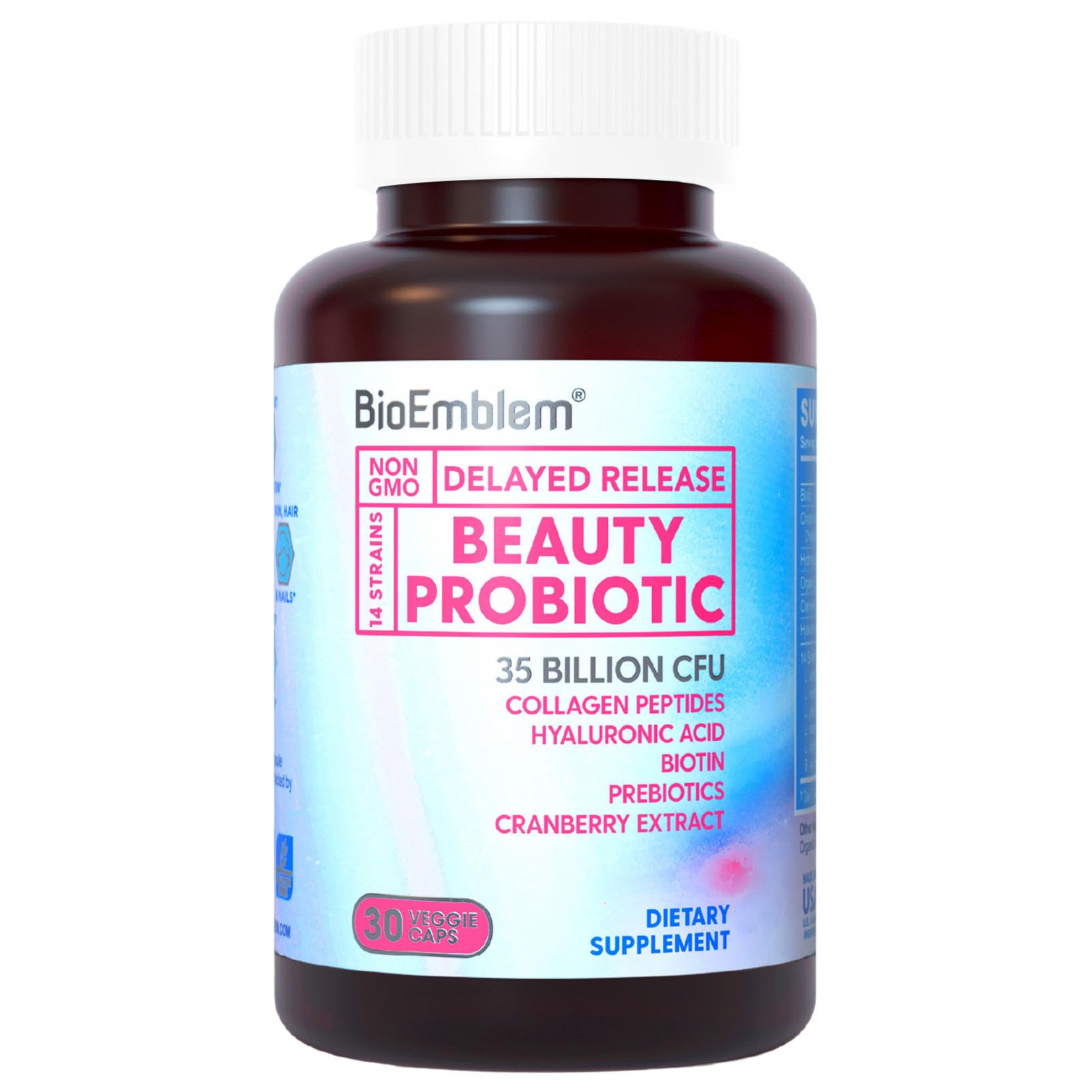 BioEmblem Beauty Probiotics for Women bottle showing daily capsule package for gut and skin health