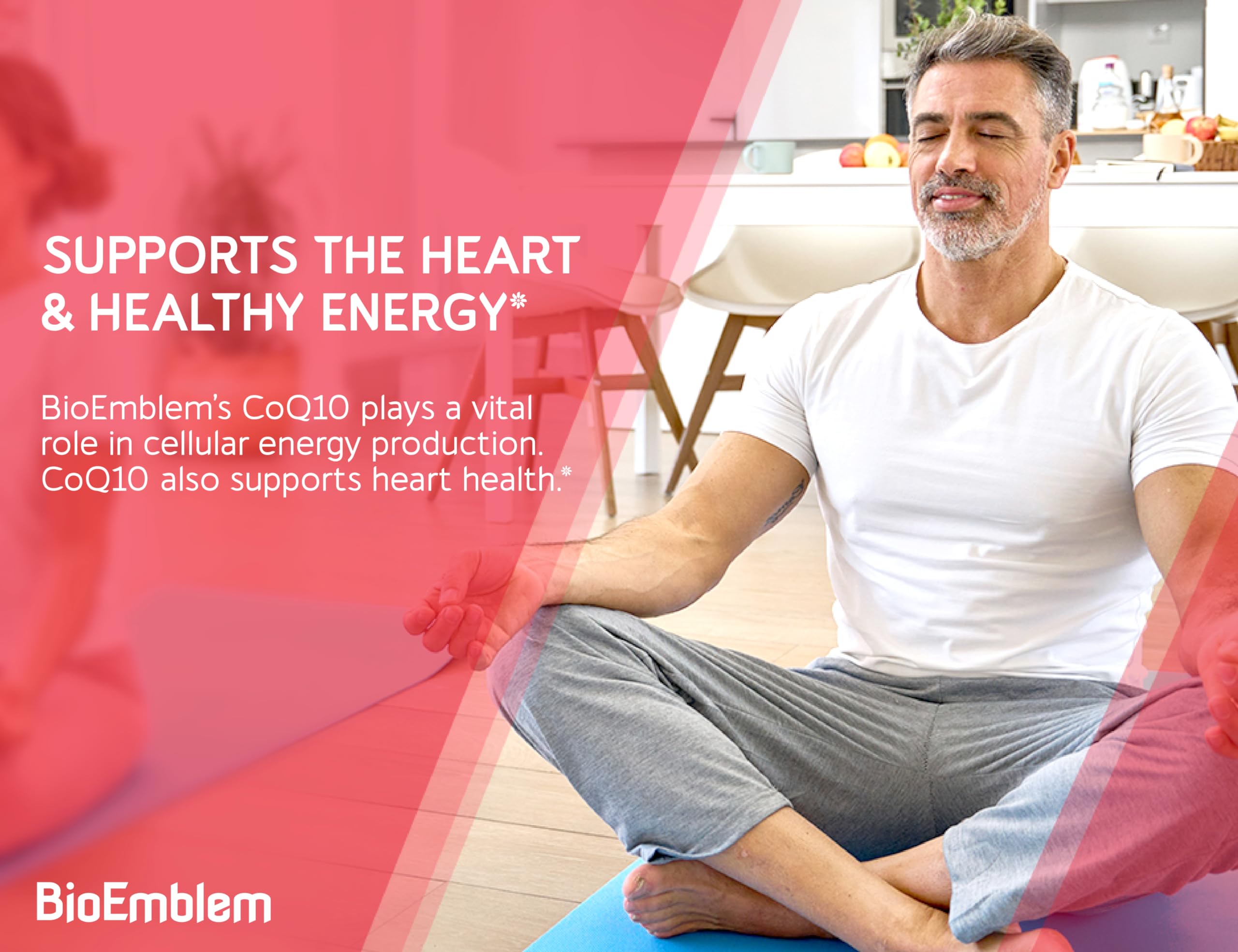 BioEmblem CoQ10 bottle label closeup: trusted USA-made quality and third-party tested.