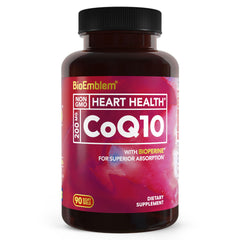 BioEmblem CoQ10 softgels bottle: high-absorption daily energy support.