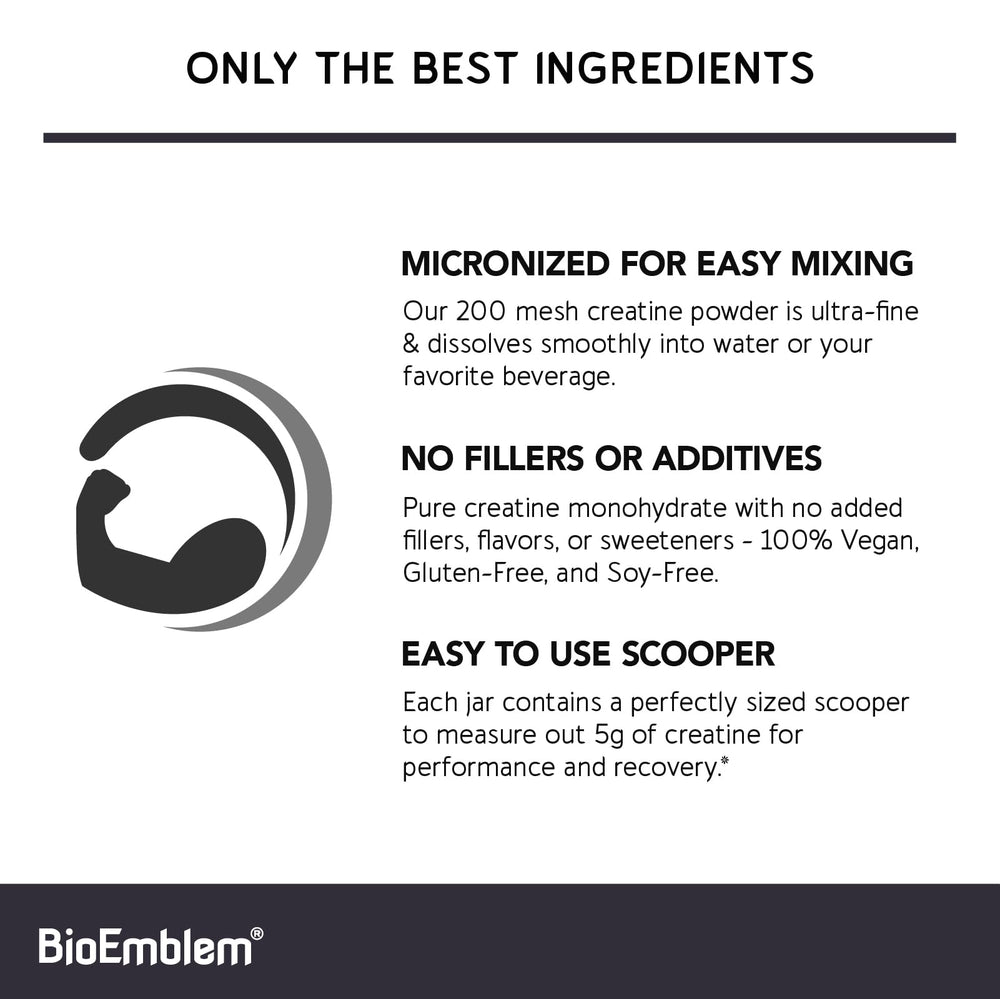 BioEmblem creatine monohydrate powder scoop showing precise pre-workout dosing.