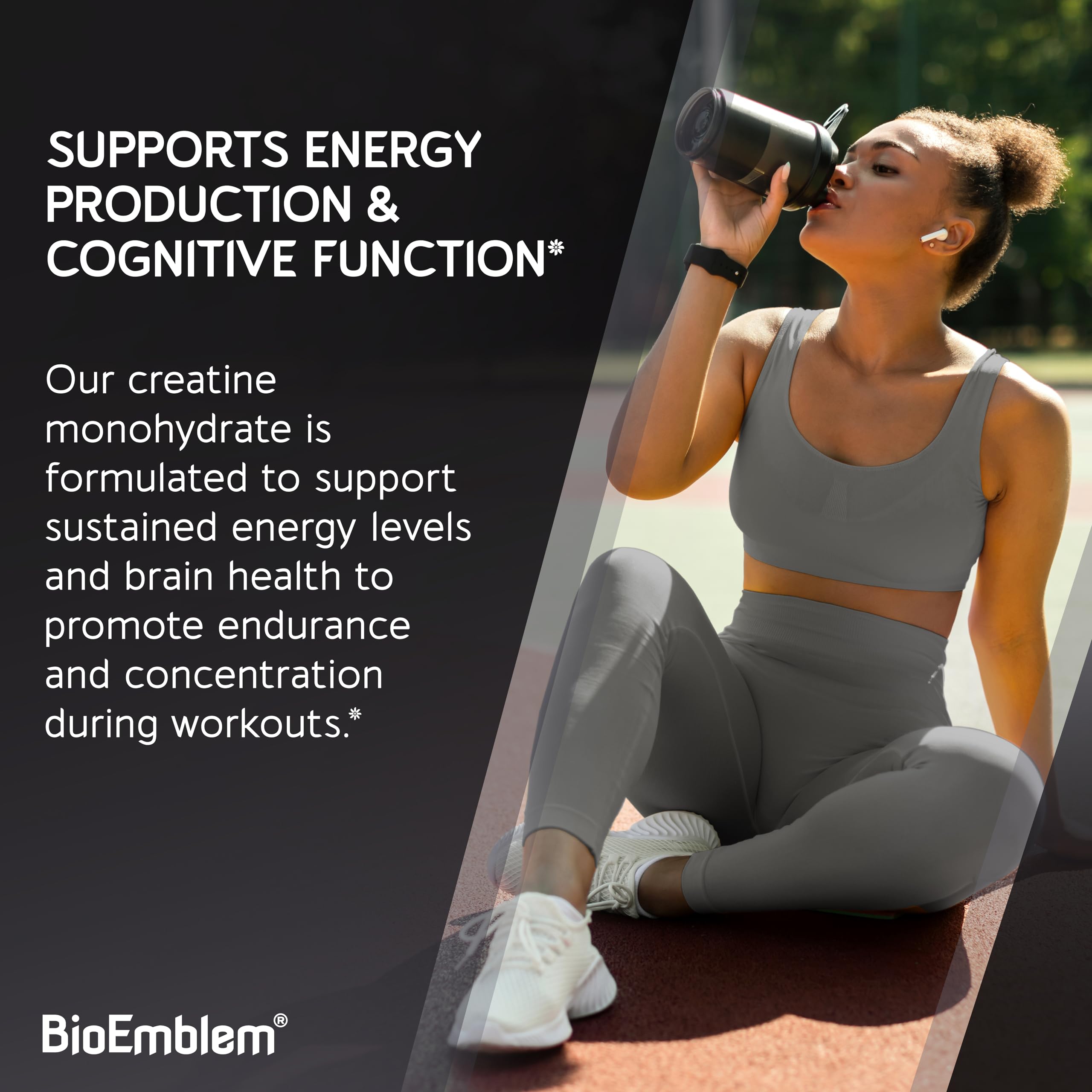 BioEmblem micronized creatine powder close-up illustrating fine texture.