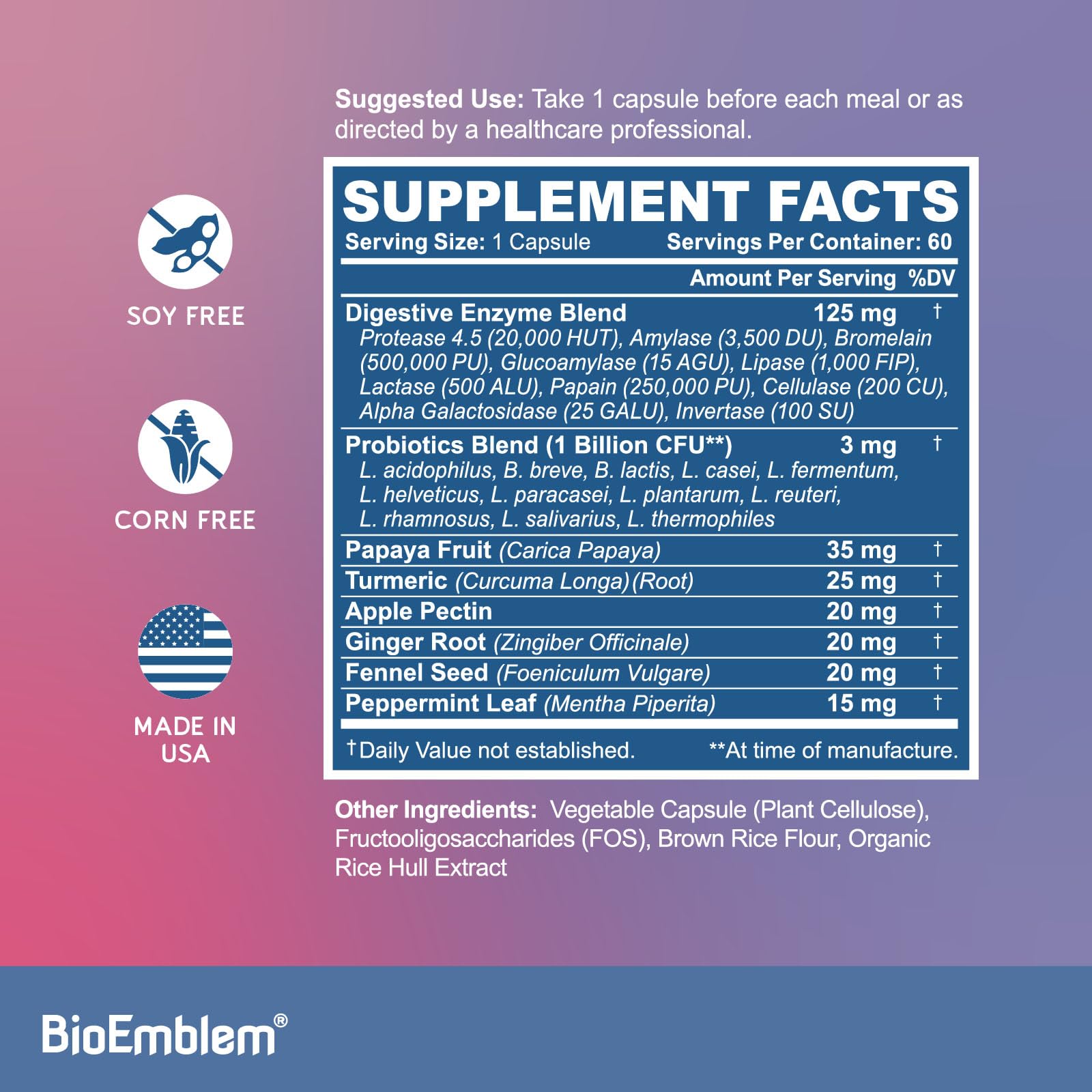 BioEmblem bottle angled with capsules for convenient daily support