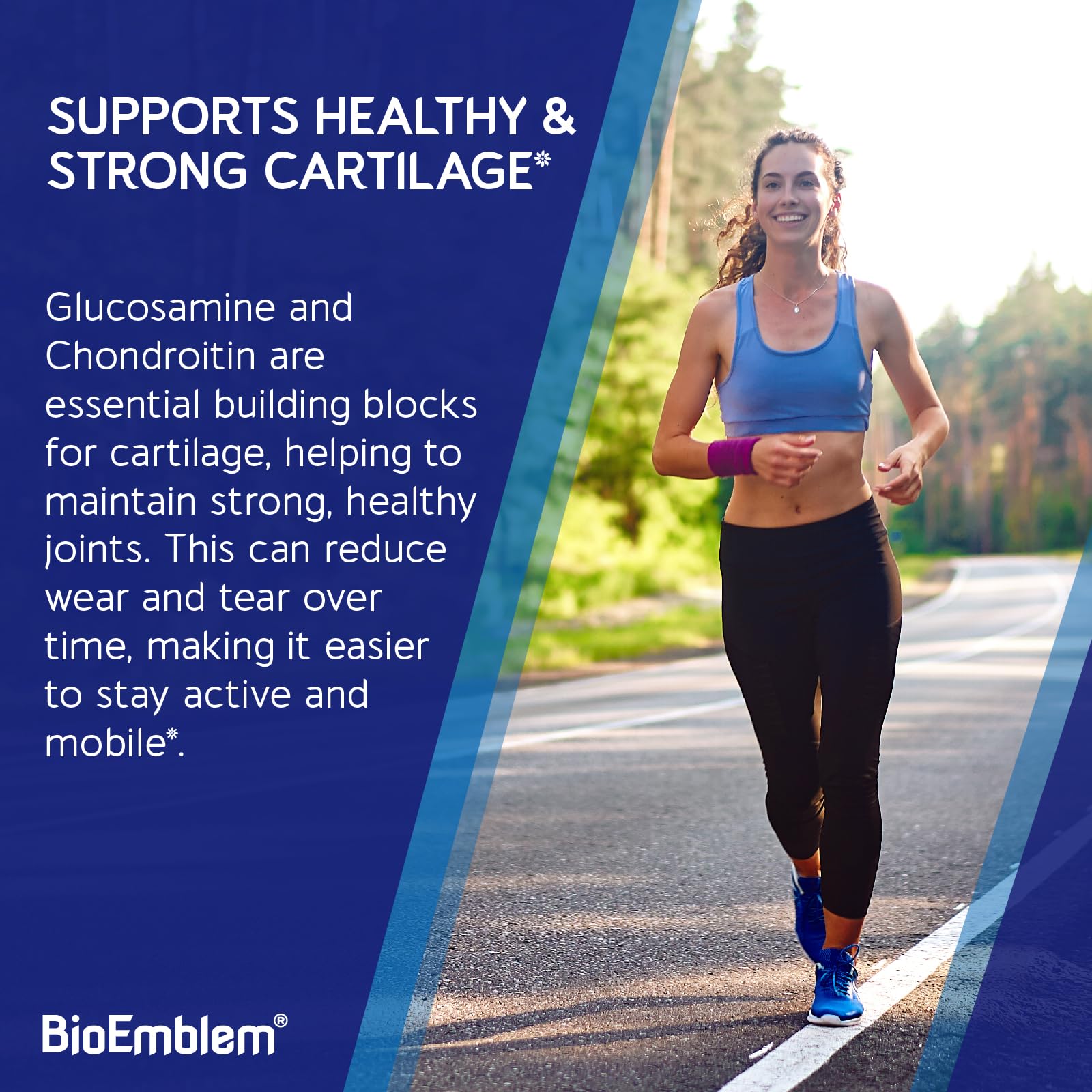 BioEmblem Joint Support bottle being poured shows easy daily dosing for active lifestyles.