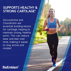 BioEmblem Joint Support bottle being poured shows easy daily dosing for active lifestyles.
