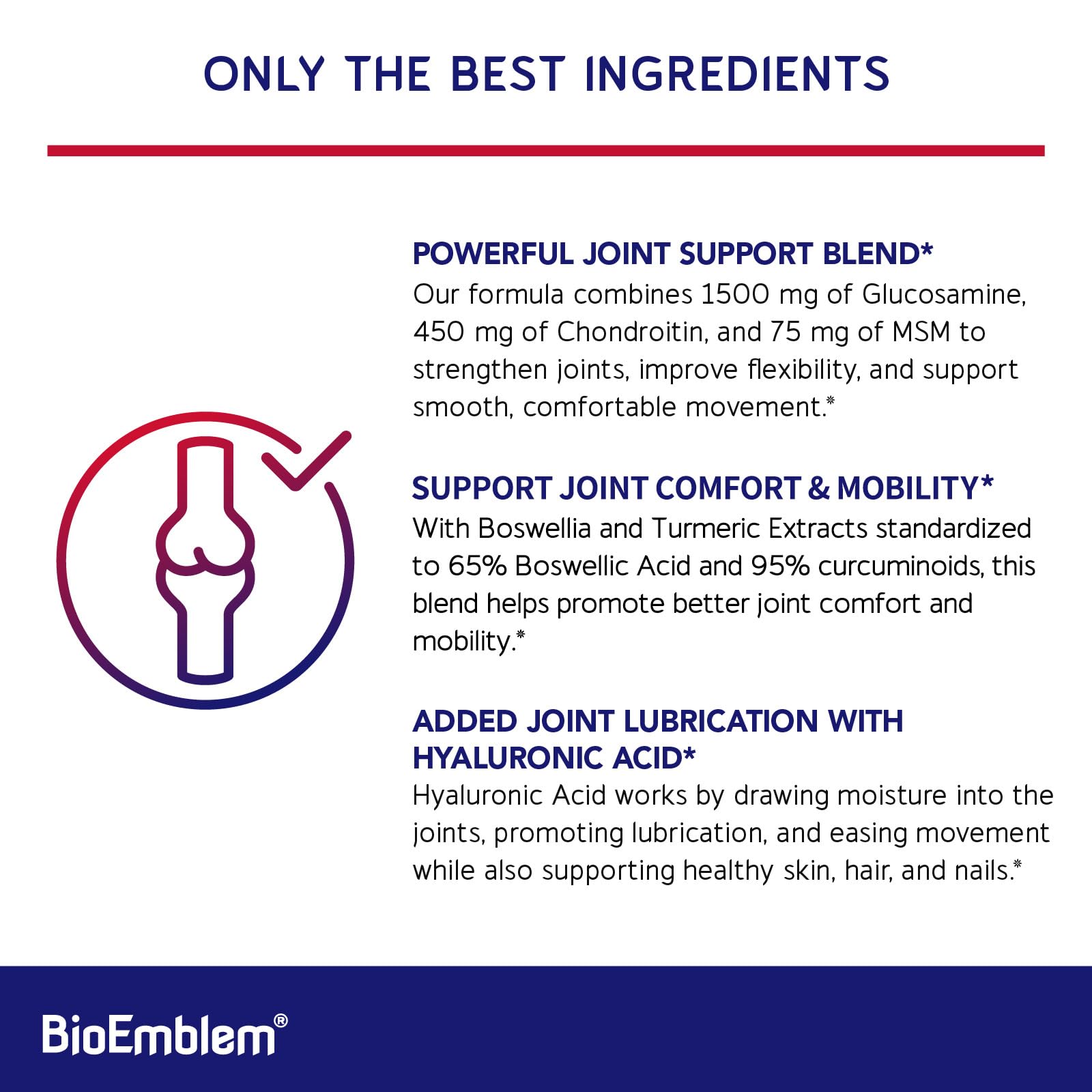 BioEmblem Joint Support capsules close-up spotlight glucosamine and MSM potency.