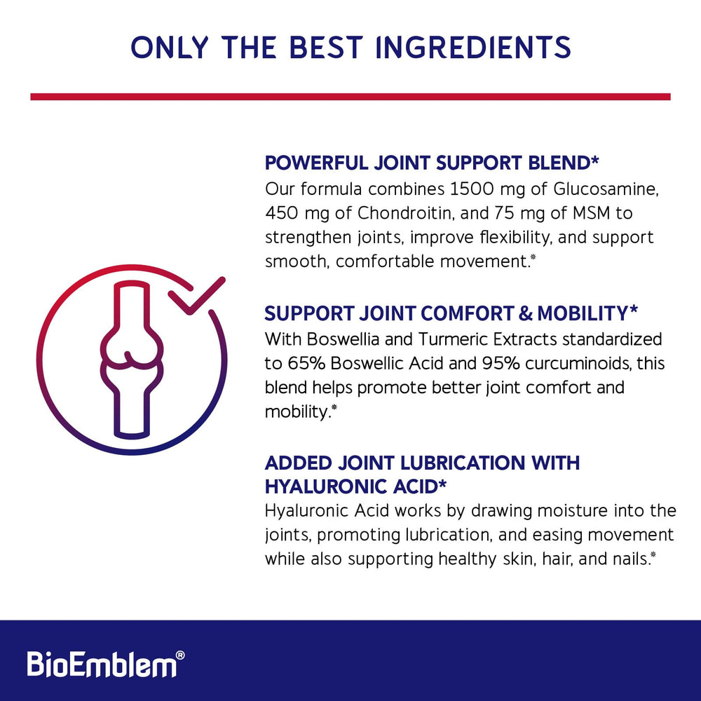 BioEmblem Joint Support capsules close-up spotlight glucosamine and MSM potency.