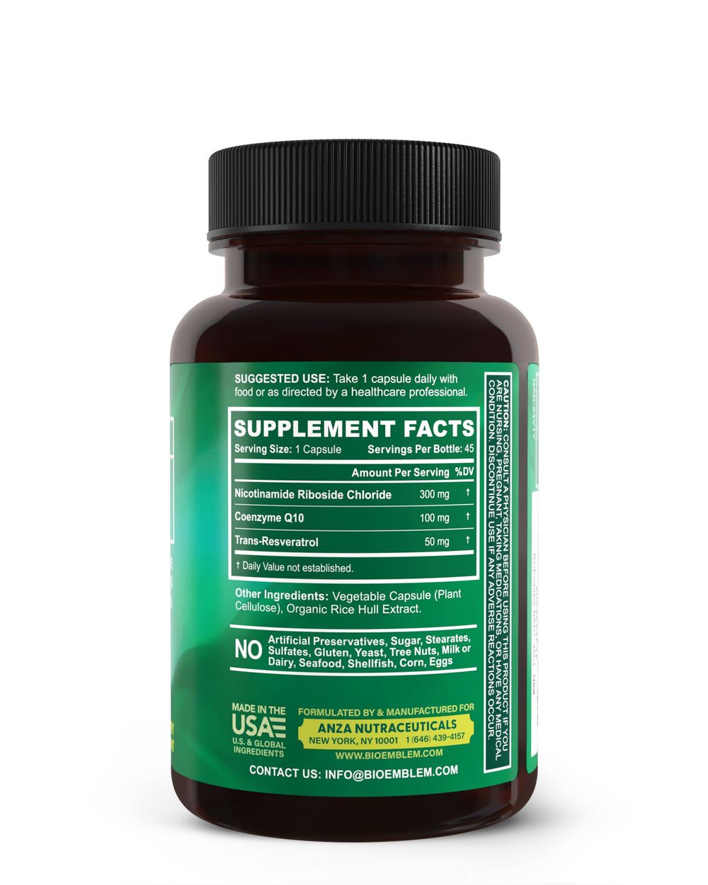 BioEmblem NAD+ bottle showcases 45 capsules for ongoing wellness.