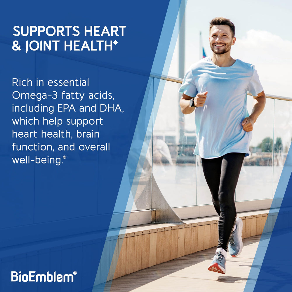 BioEmblem Omega-3 enteric-coated softgels reduce stomach upset and aftertaste.