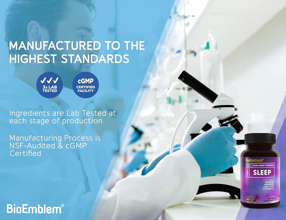 Close-up of BioEmblem Sleep Aid capsules showing a vegan formula