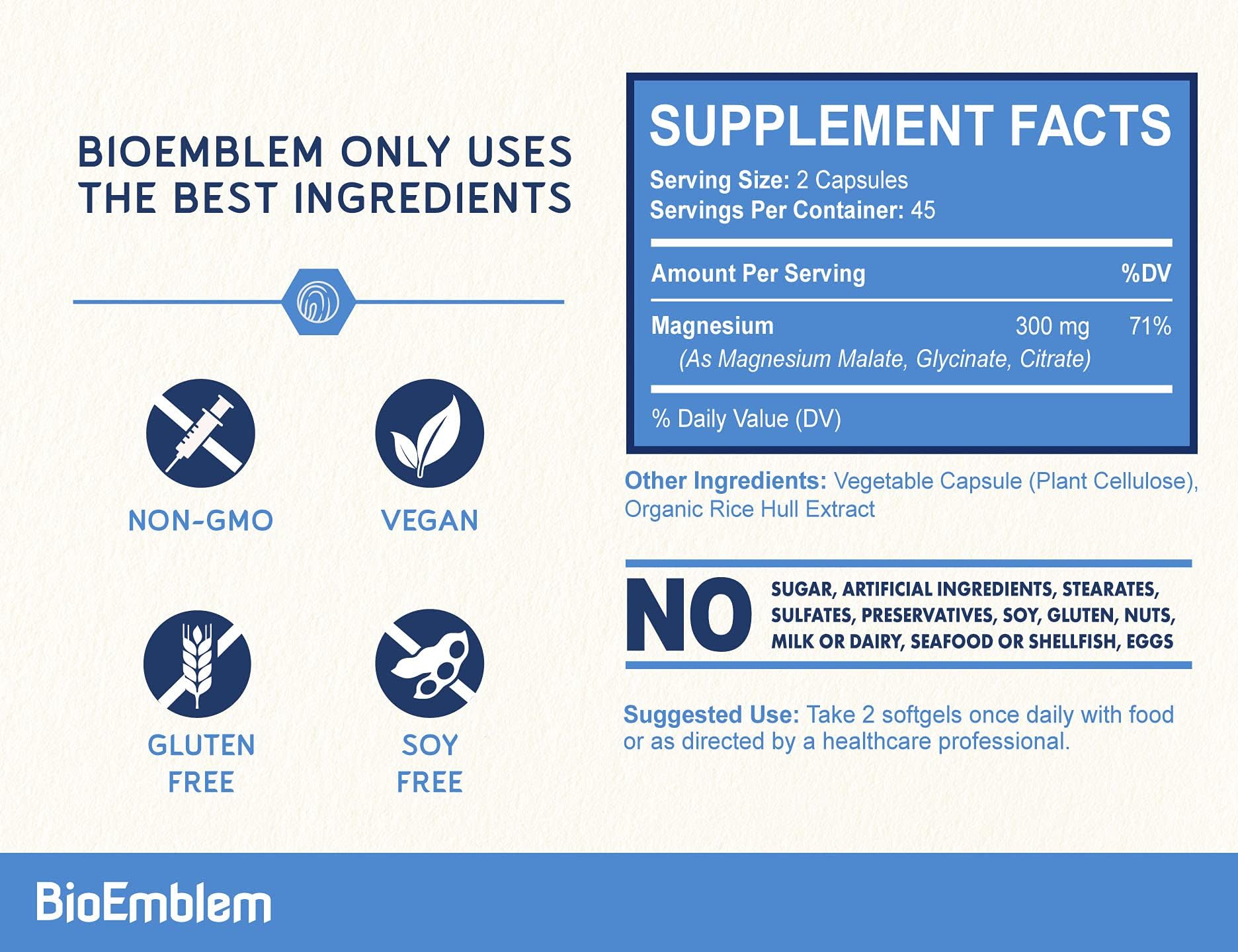 BioEmblem Triple Magnesium Complex bottle back nutrition panel for daily mineral support.