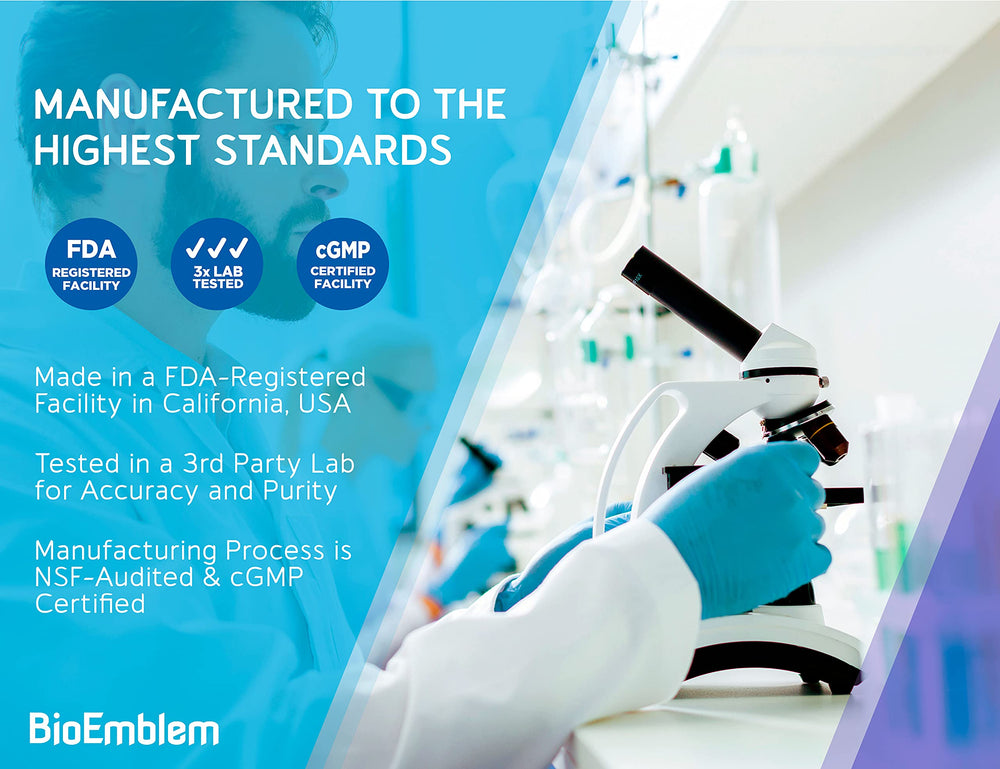 BioEmblem Triple Magnesium Complex vegan-friendly badge shows gluten-free, non-GMO quality.