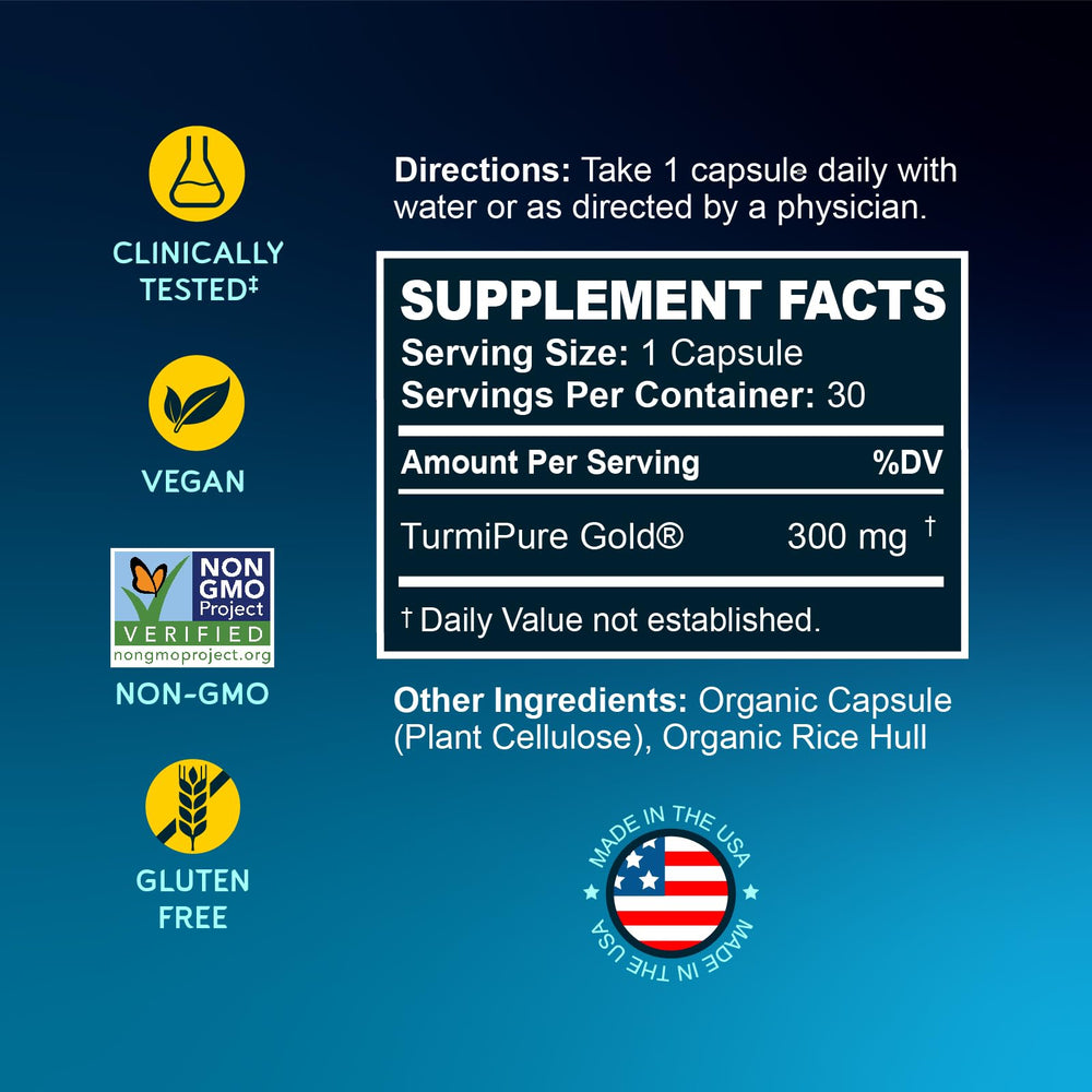 Label close-up of BioEmblem TurmiPure Gold highlighting purity.