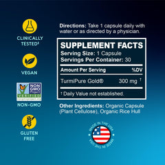 Label close-up of BioEmblem TurmiPure Gold highlighting purity.