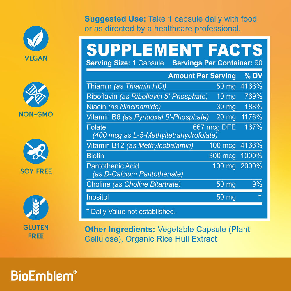 BioEmblem B-Complex seal and 8 active forms stated on pack.