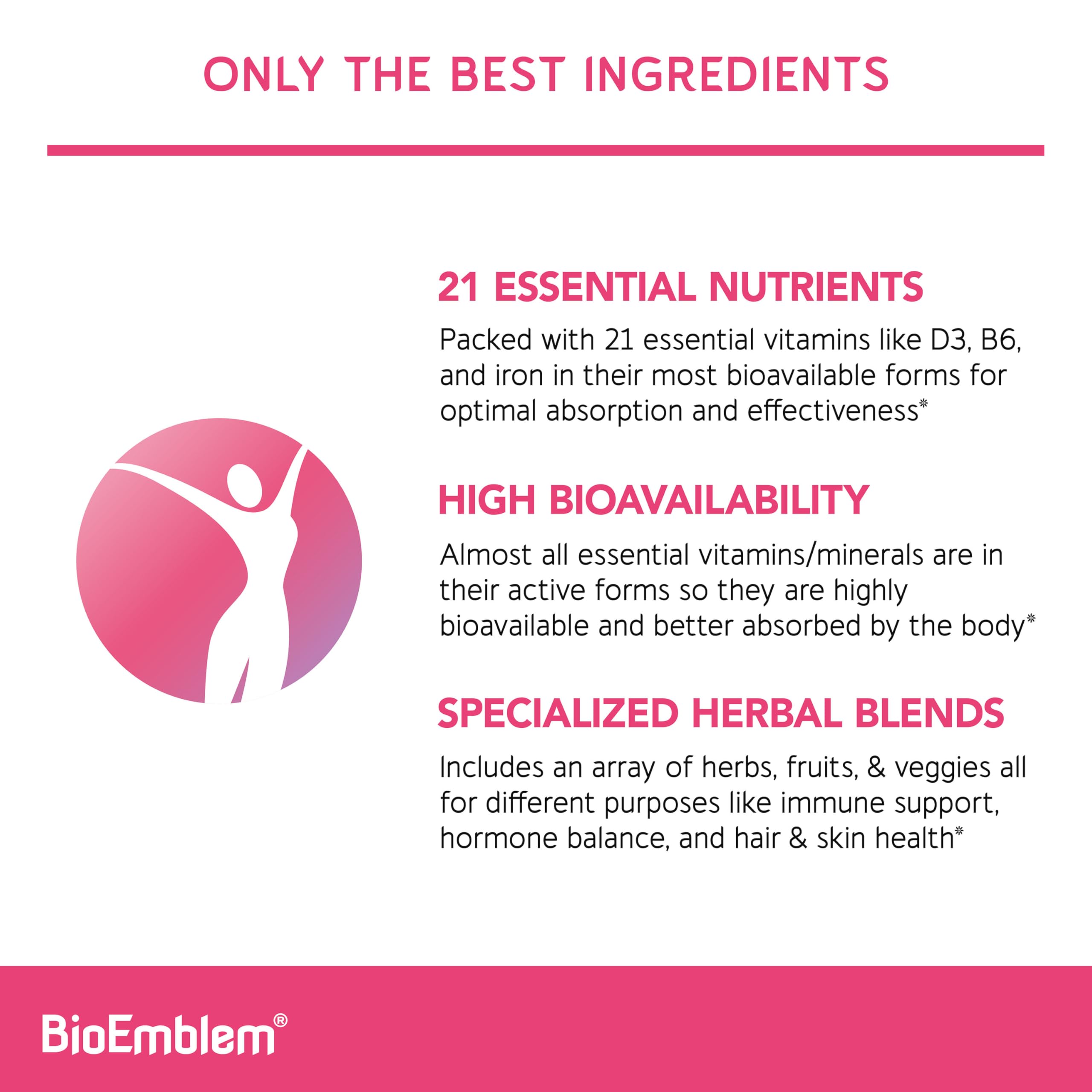 BioEmblem bottle label highlighting vitamin blend for immunity and energy