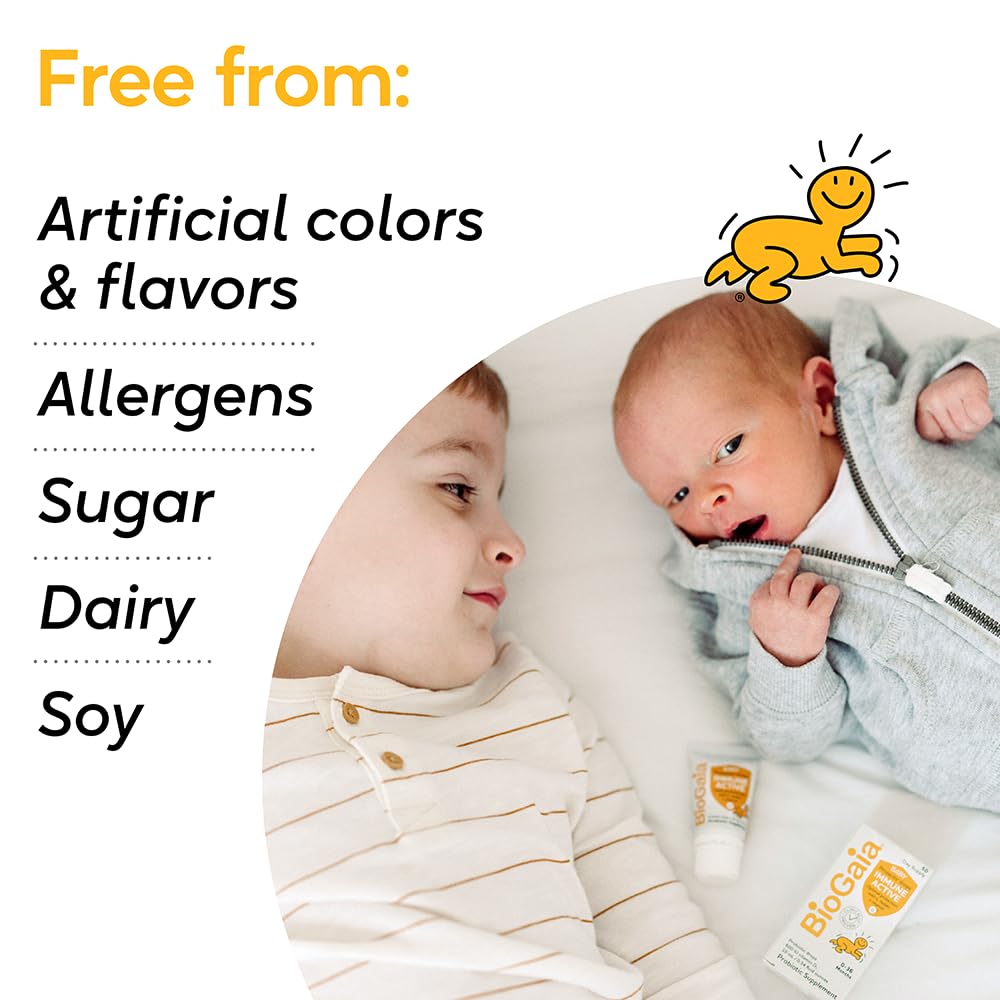 BioGaia Immune Active bottle highlighting vitamin D for healthy development.