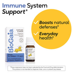 BioGaia Nurture & Grow chewables pack highlighting convenient 25-day supply for families.
