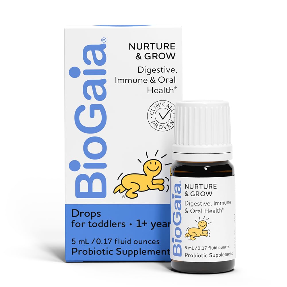 BioGaia Nurture & Grow drops bottle showing triple-benefit probiotic support for digestion, immunity, and oral health.