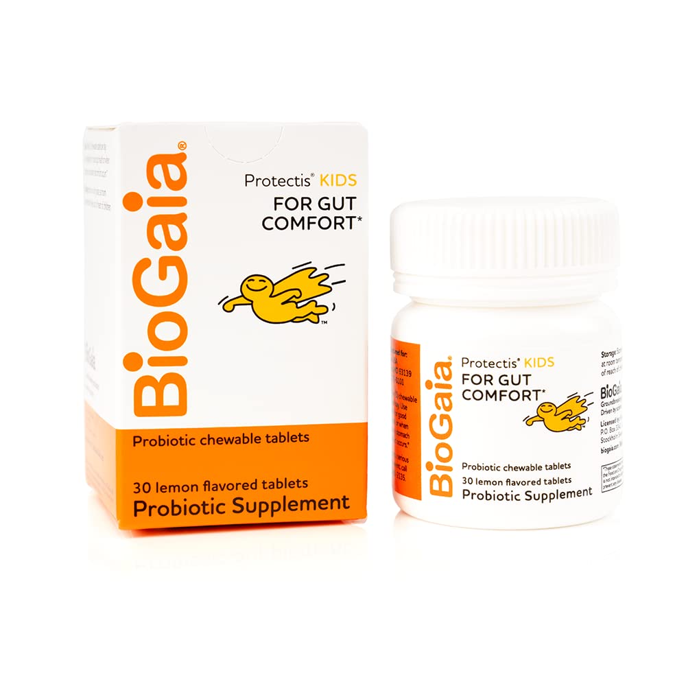 BioGaia probiotic chewable box front shows lemon-lime flavor and 30 servings.