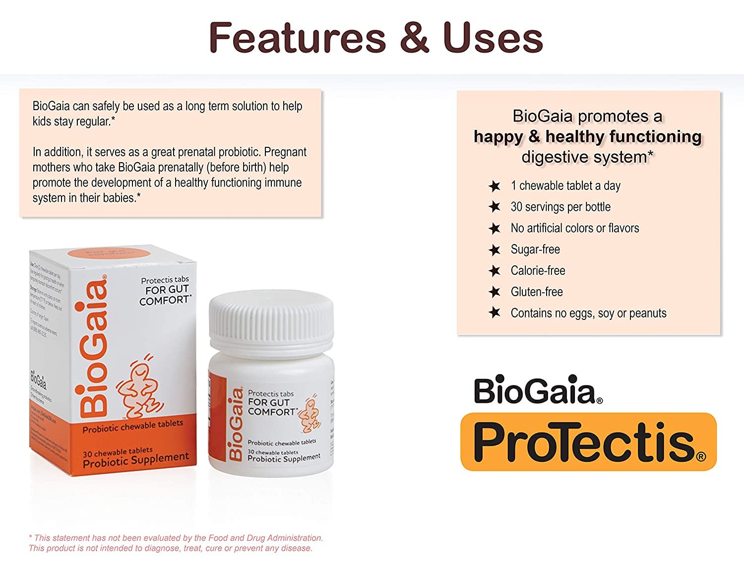 BioGaia probiotic chewable packaging with dosing instructions visible.