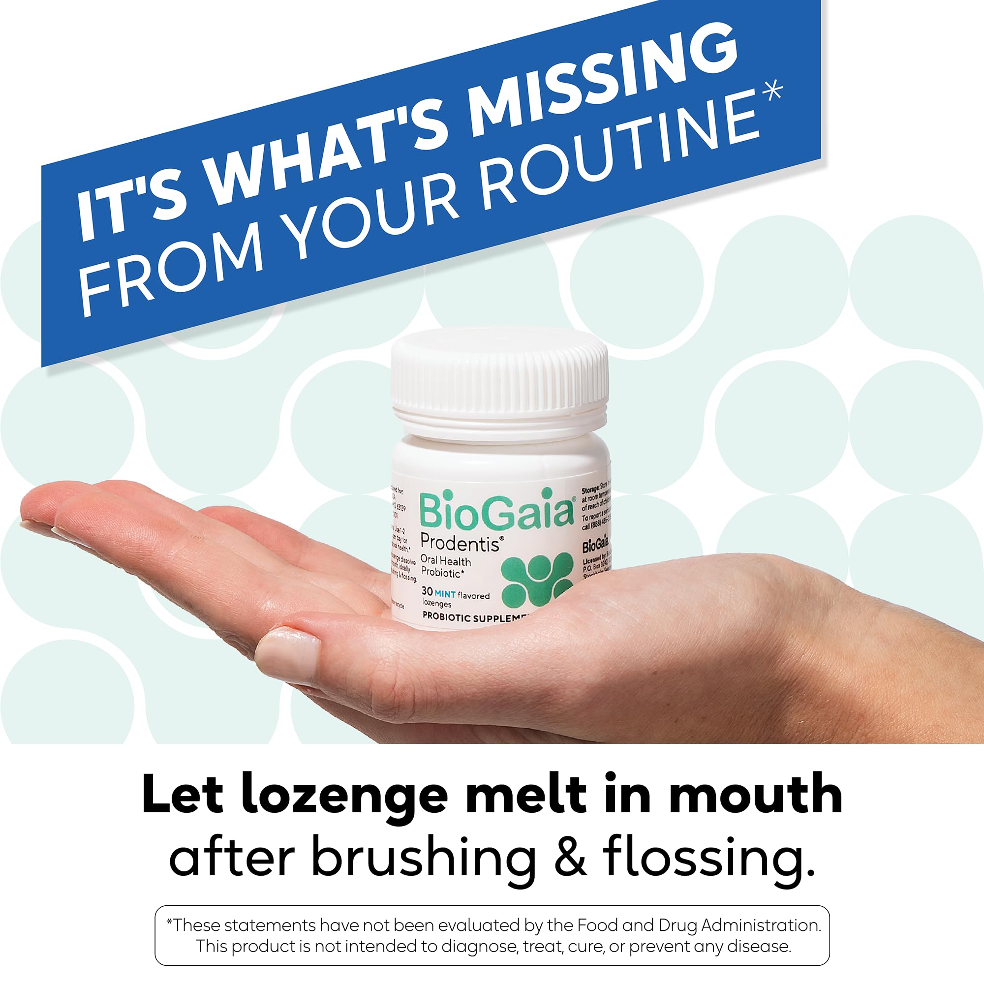 BioGaia Prodentis near teeth imagery emphasizes gum and tooth health