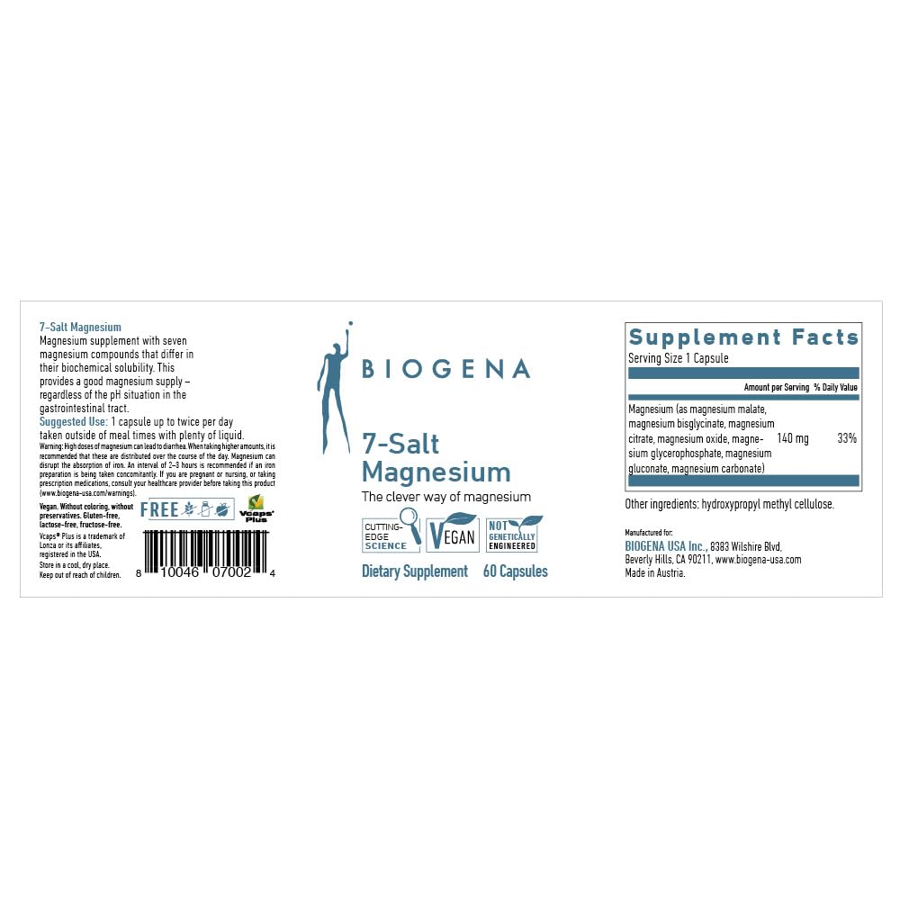Close-up of capsules in Biogena 7-Salt Magnesium Complex for steady energy support.