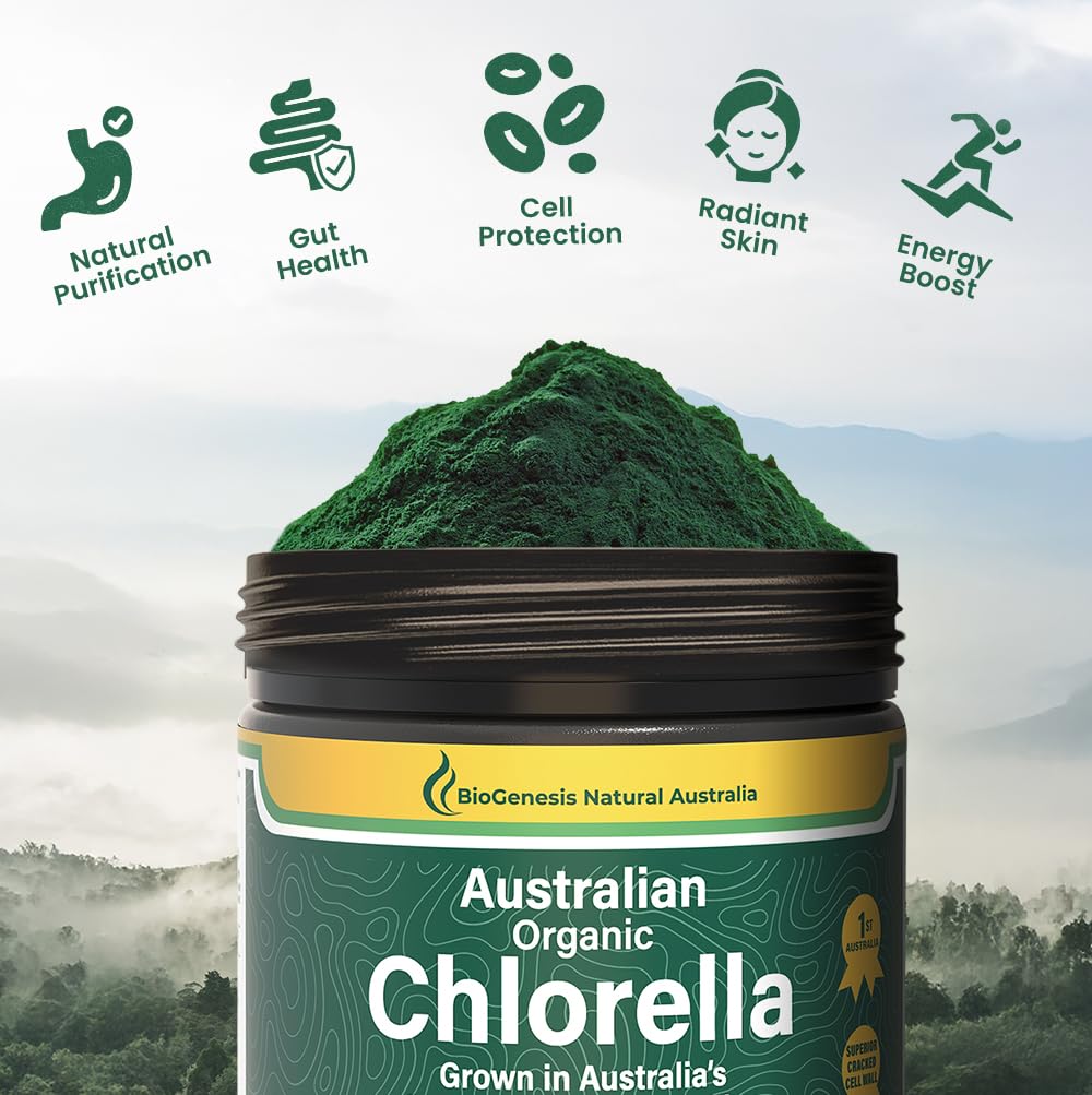 Australian-grown Biogenesis chlorella powder from pristine farms supports vitality.