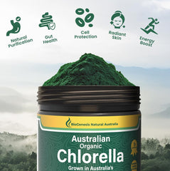 Australian-grown Biogenesis chlorella powder from pristine farms supports vitality.