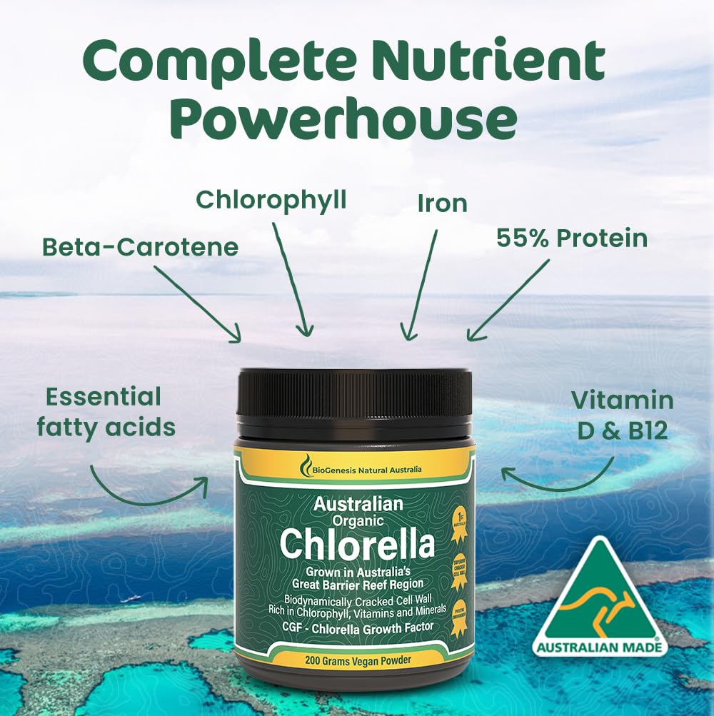 Biogenesis chlorella powder with dispensing scoop for effortless daily use and greens.